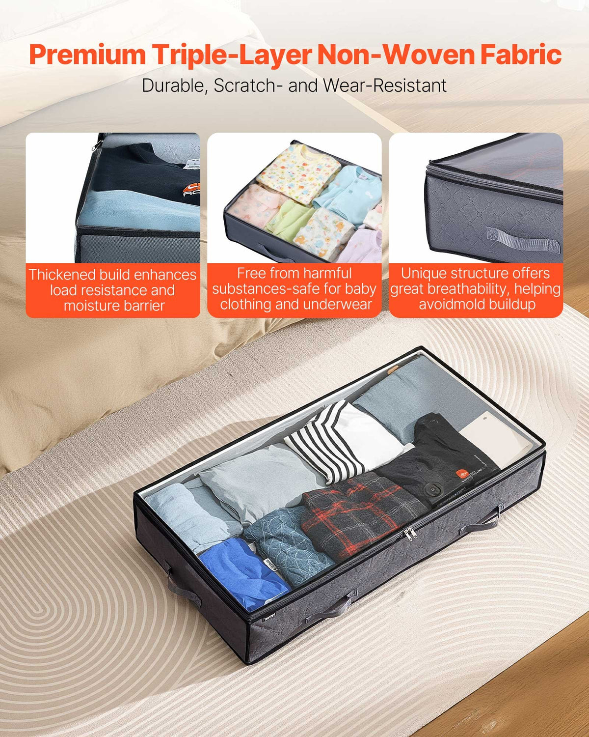 VEVOR Under Bed Storage with Clear Lids, 39.2 x 19.7 x 7.1 Inch, 90L Large Underbed Clothes Storage Containers, Low Profile Under Bed Drawer Shoe Organizer Bins Box for Blanket Shoe Bedroom, 6 Pack - CDCWFBWFBWL3F65TO001V0 - view 3