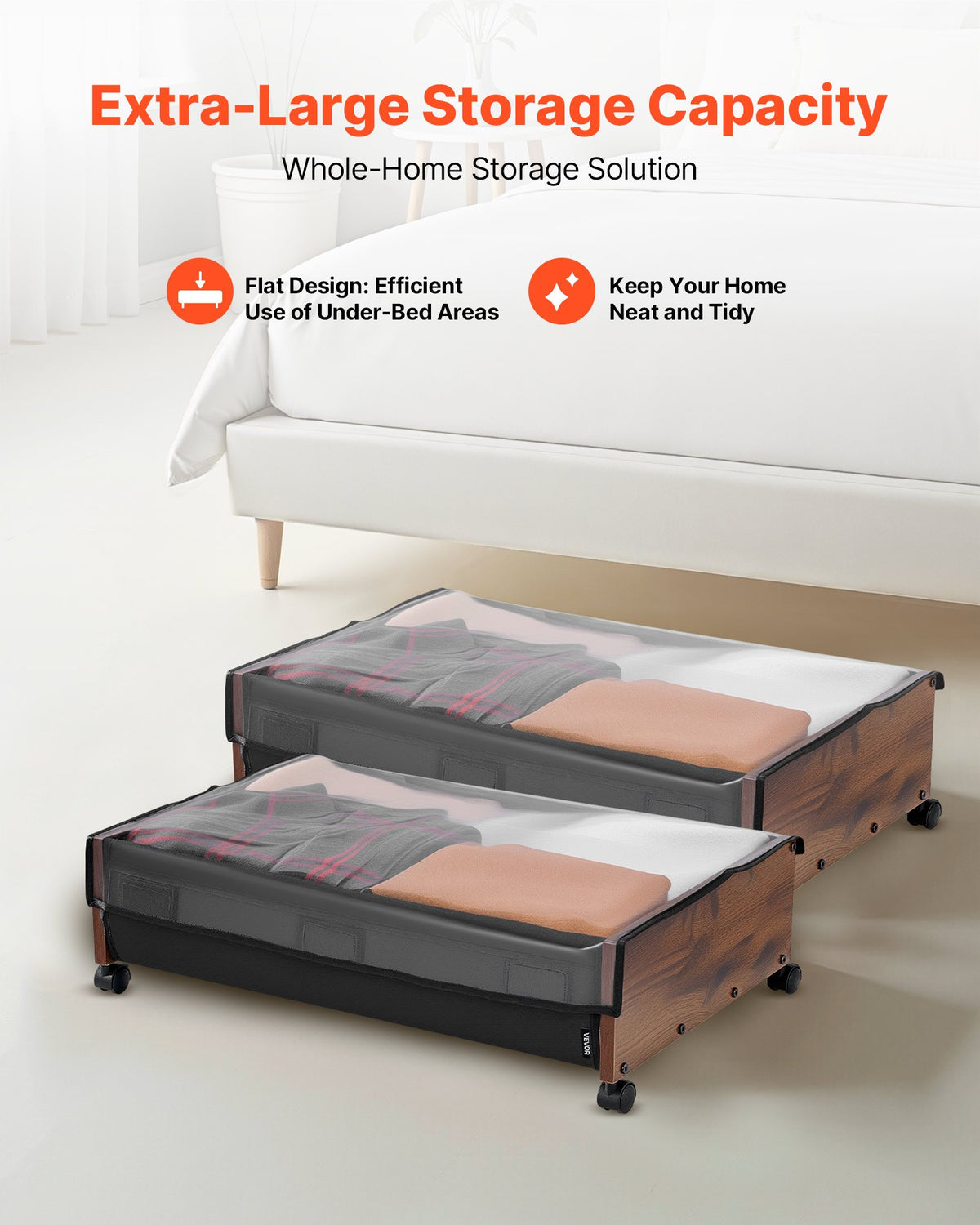 VEVOR Under Bed Storage with Wheels, 25.6 x 18.1 x 7.1 inch Underbed Containers, Underbed Shoes Organizer with Lockable Wheels, Rolling Under the Bed Storage Bins for Clothes, Shoes, Blankets, 2 Pack - CDCWKFTMBYDLATMLN001V0 - view 3