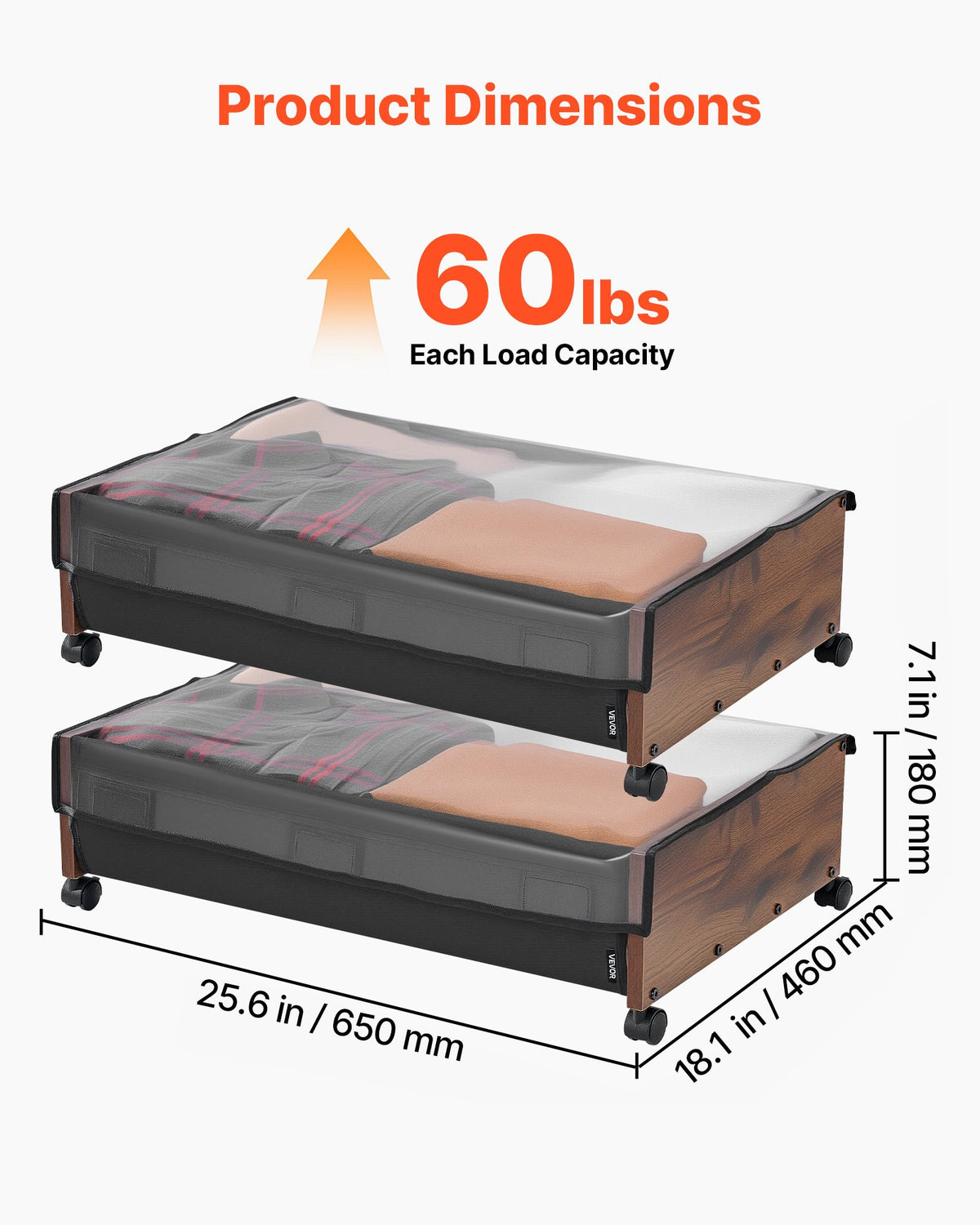 VEVOR Under Bed Storage with Wheels, 25.6 x 18.1 x 7.1 inch Underbed Containers, Underbed Shoes Organizer with Lockable Wheels, Rolling Under the Bed Storage Bins for Clothes, Shoes, Blankets, 2 Pack - CDCWKFTMBYDLATMLN001V0 - view 4