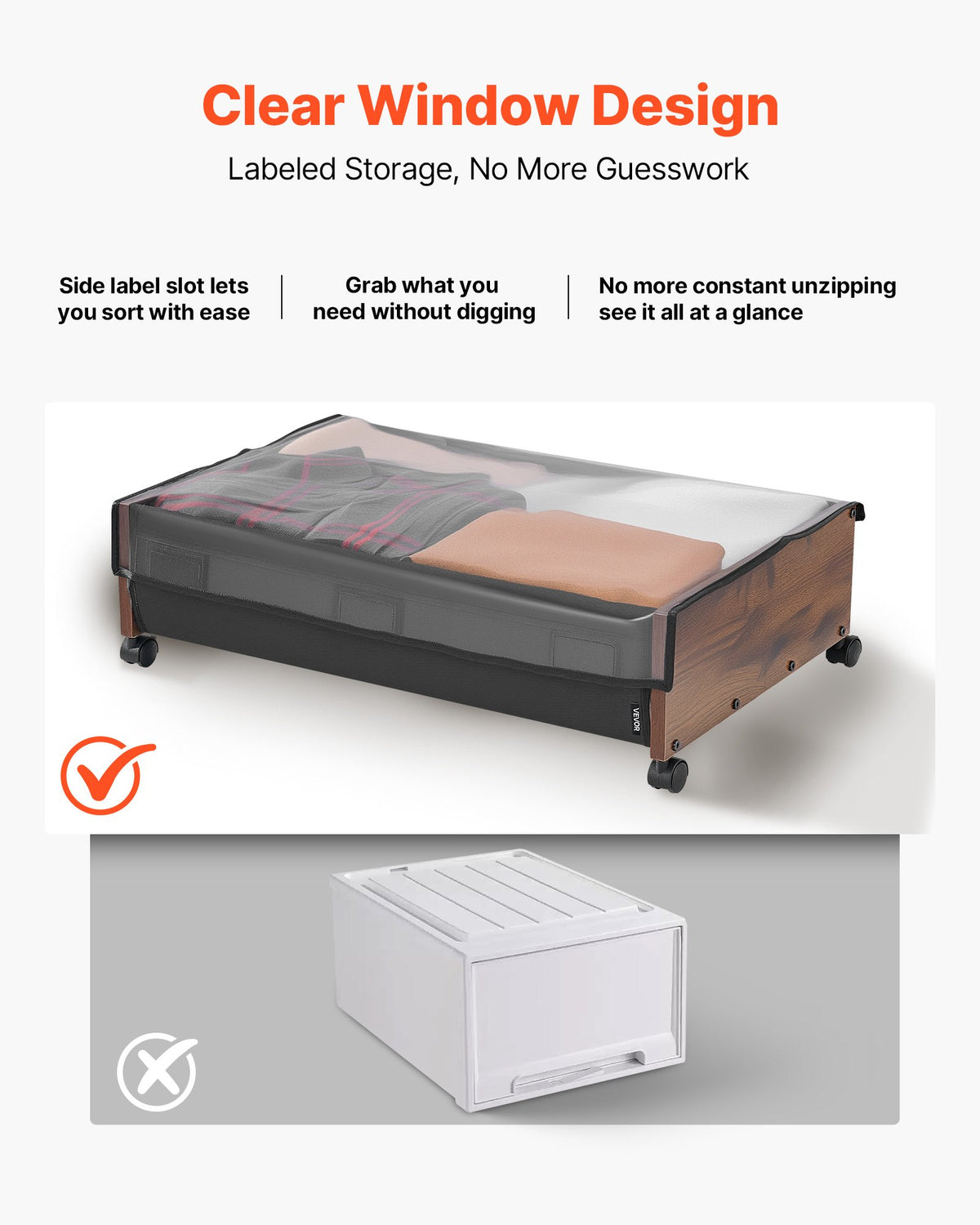 VEVOR Under Bed Storage with Wheels, 25.6 x 18.1 x 7.1 inch Underbed Containers, Underbed Shoes Organizer with Lockable Wheels, Rolling Under the Bed Storage Bins for Clothes, Shoes, Blankets, 2 Pack - CDCWKFTMBYDLATMLN001V0 - view 5