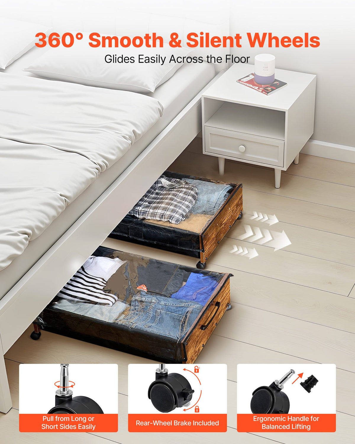 VEVOR Under Bed Storage with Wheels, 25.6 x 18.1 x 7.1 inch Underbed Containers, Underbed Shoes Organizer with Lockable Wheels, Rolling Under the Bed Storage Bins for Clothes, Shoes, Blankets, 2 Pack - CDCWKFTMBYDLATMLN001V0 - view 8