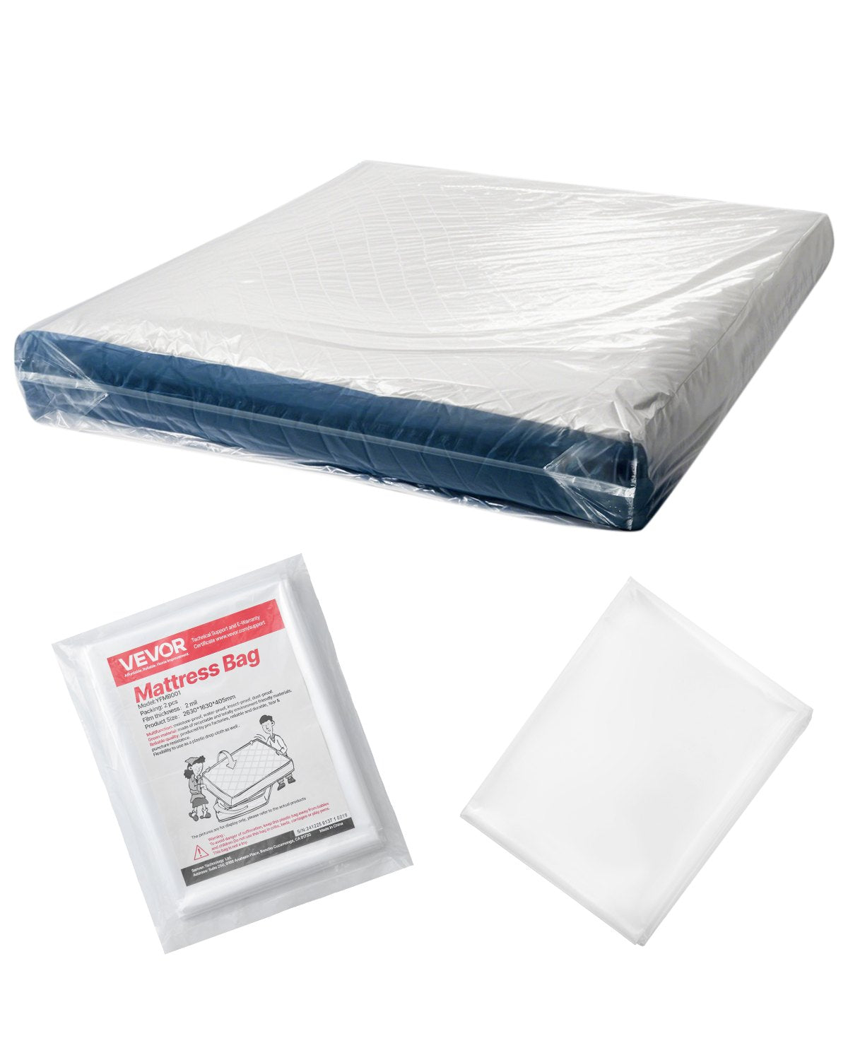 VEVOR Plastic Mattress Bag, 2 Mil Thick Mattress Storage Bag, Wear-Resistant and Waterproof Plastic Bed Cover with Reinforced Corner Design, Heavy-Duty Mattress Moving Supplies (2 Pack, Queen Size) - CDDQUEEN2GZ02VWID001V0 - view 1