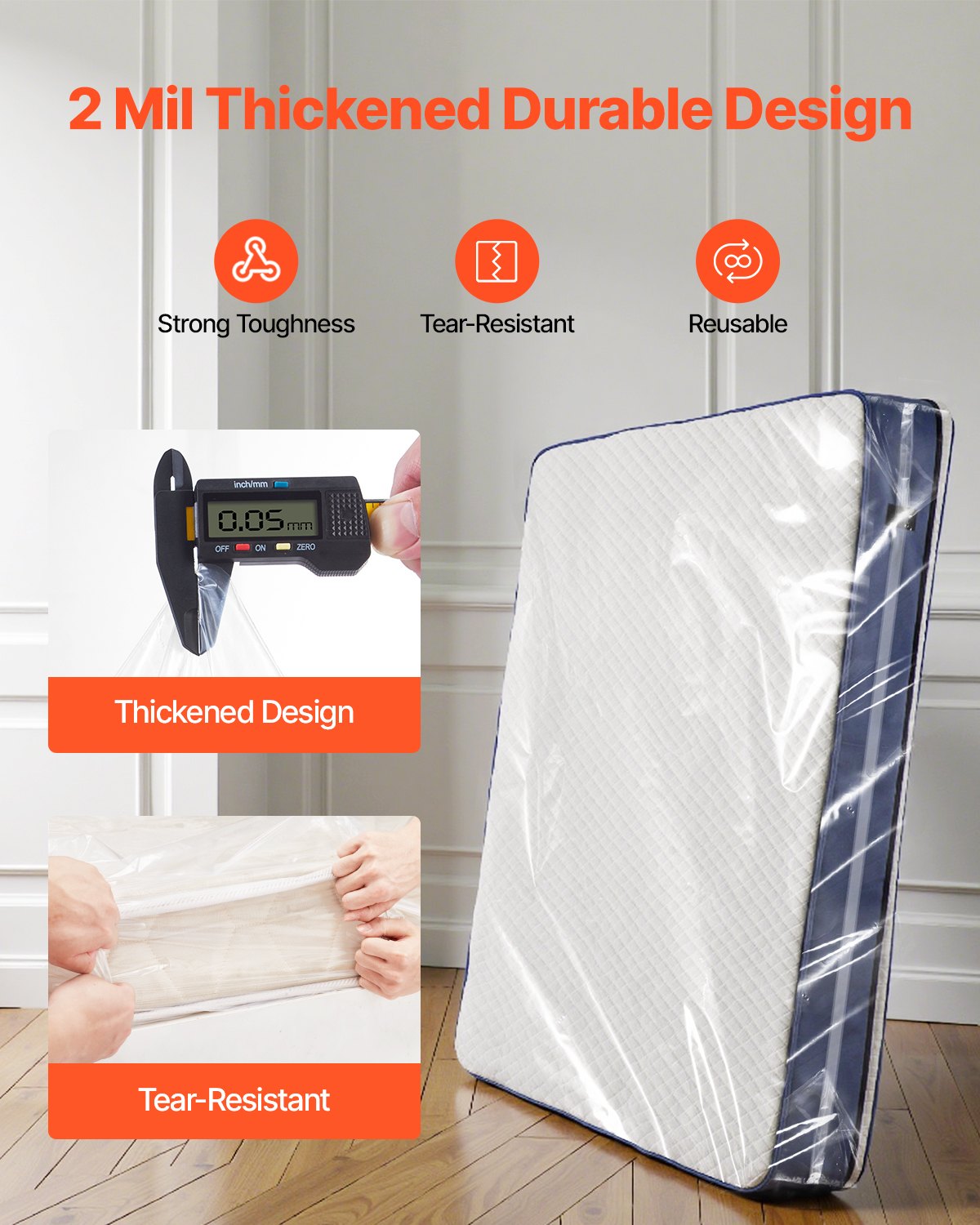 VEVOR Plastic Mattress Bag, 2 Mil Thick Mattress Storage Bag, Wear-Resistant and Waterproof Plastic Bed Cover with Reinforced Corner Design, Heavy-Duty Mattress Moving Supplies (2 Pack, Queen Size) - CDDQUEEN2GZ02VWID001V0 - view 4