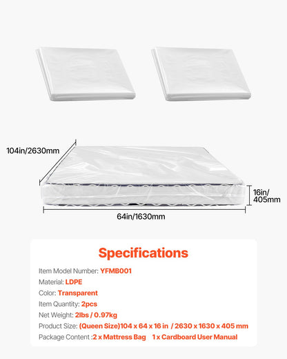 VEVOR Plastic Mattress Bag, 2 Mil Thick Mattress Storage Bag, Wear-Resistant and Waterproof Plastic Bed Cover with Reinforced Corner Design, Heavy-Duty Mattress Moving Supplies (2 Pack, Queen Size) - CDDQUEEN2GZ02VWID001V0 - view 8