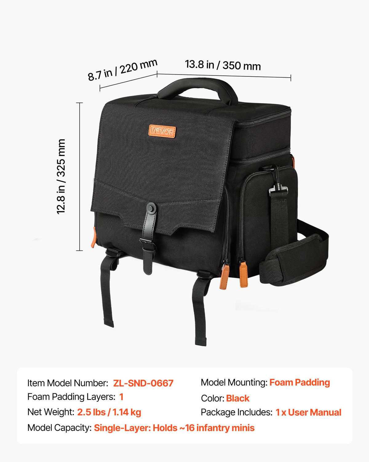 VEVOR Miniature Storage Carrying Figure Bag, Fits 16 Infantry Minis, Miniature Transport Bag with Handle & Adjustable Shoulder Strap, 1 Foam Layer for Large Storage Capacity (Minis Not Included) - CDGD16BBFHXDSQLKB001V0 - view 8