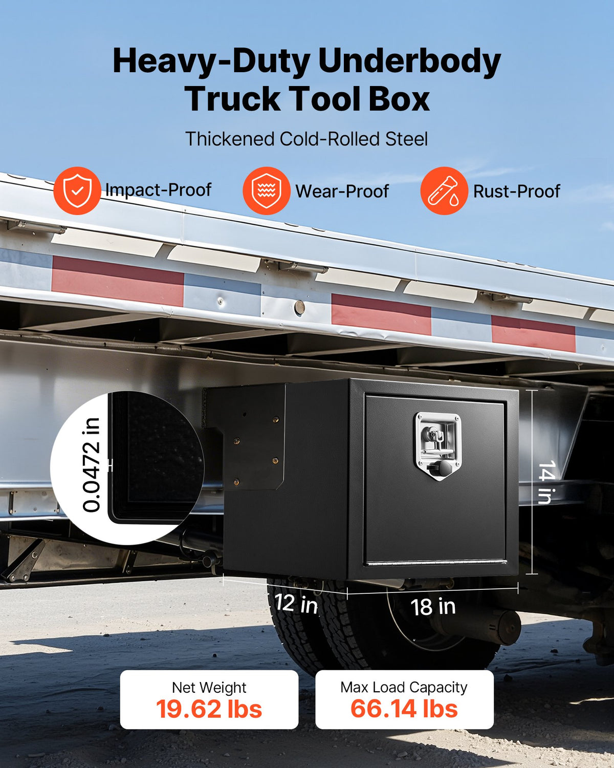 VEVOR Underbody Truck Tool Box, 18 x 12 x 14 Inch Heavy Duty Steel Trailer Storage Box with Lock & Keys, Waterproof Trailer Storage Organizer Under Body Chest with T-Handle for Truck, Van, SUV, Black - CDGJX3181214D0FKP001V0 - view 3