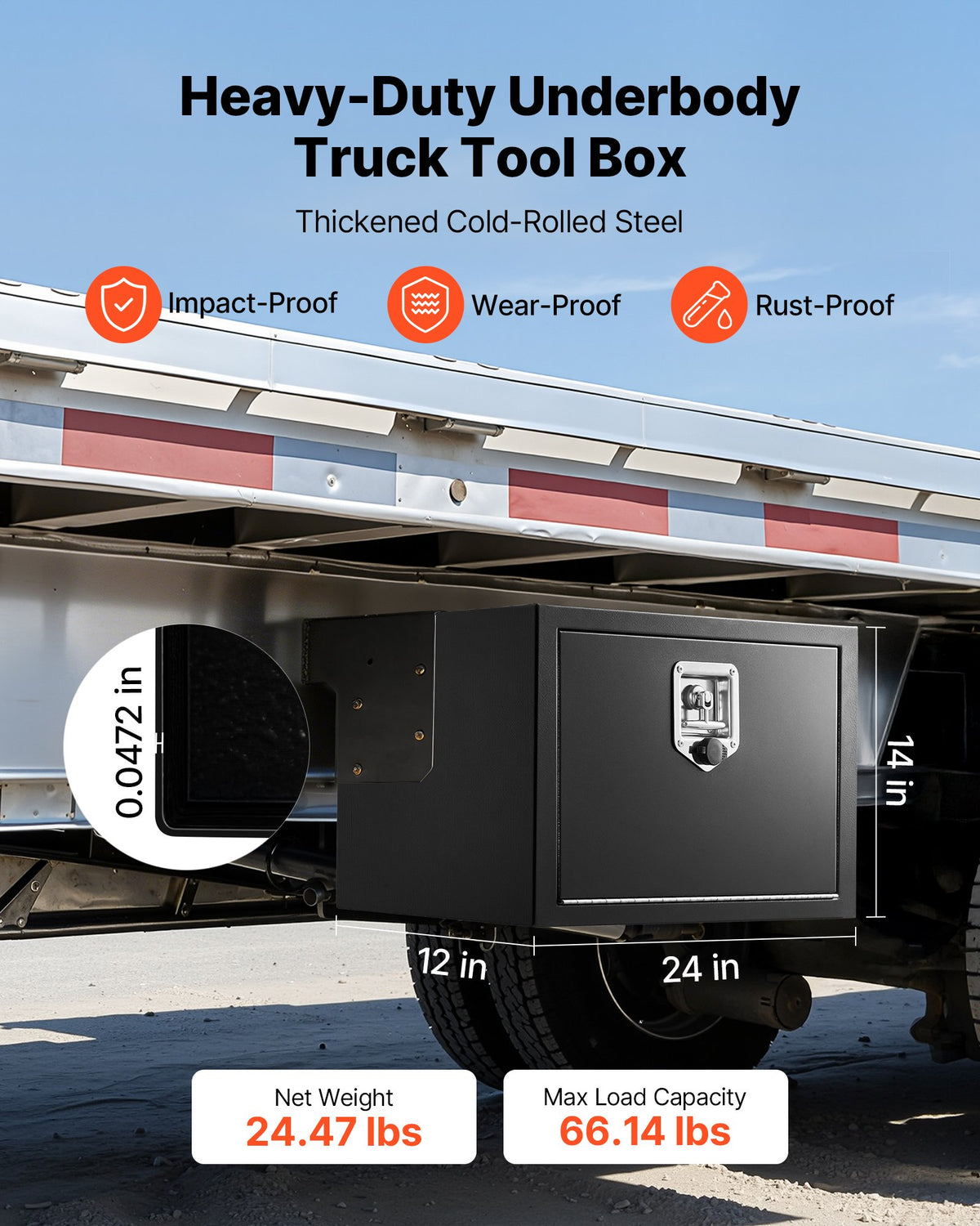VEVOR Underbody Truck Tool Box, 24 x 12 x 14 Inch Heavy Duty Steel Trailer Storage Box with Lock & Keys, Waterproof Trailer Storage Organizer Under Body Chest with T-Handle for Truck, Van, SUV, Black - CDGJX3241214LR08R001V0 - view 3