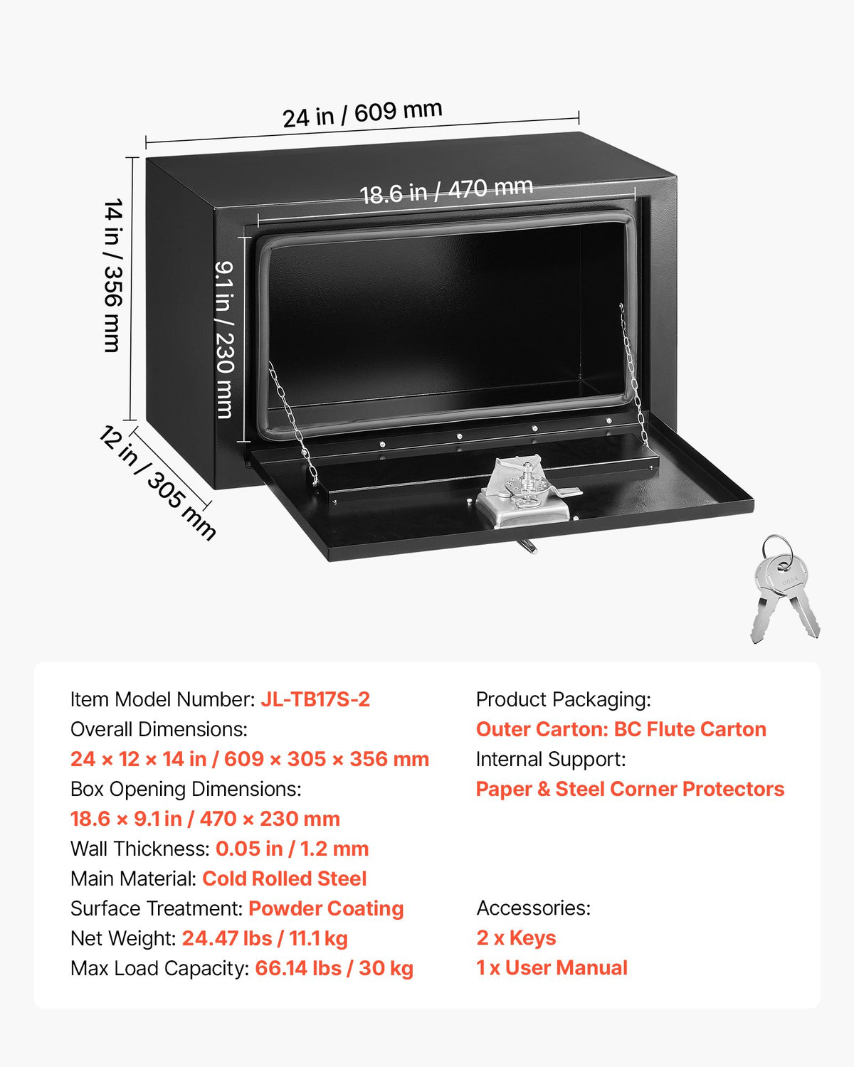 VEVOR Underbody Truck Tool Box, 24 x 12 x 14 Inch Heavy Duty Steel Trailer Storage Box with Lock & Keys, Waterproof Trailer Storage Organizer Under Body Chest with T-Handle for Truck, Van, SUV, Black - CDGJX3241214LR08R001V0 - view 8