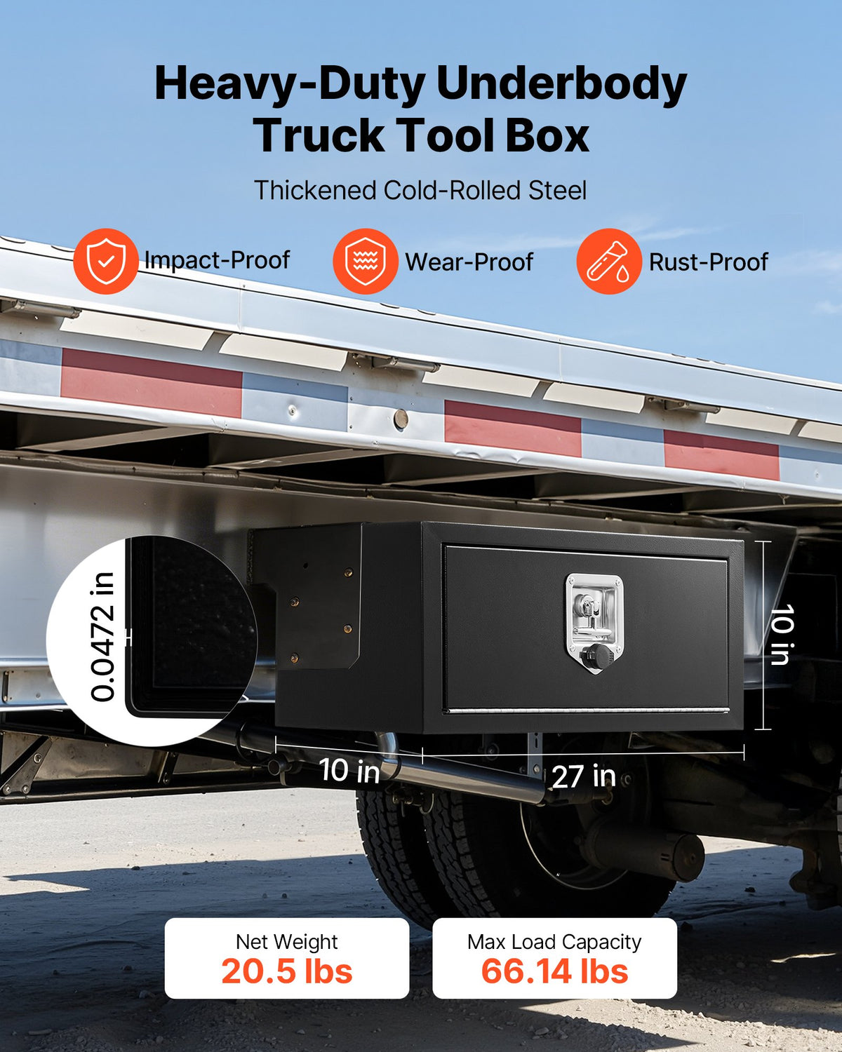VEVOR Underbody Truck Tool Box, 27 x 10 x 10 Inch Heavy Duty Steel Trailer Storage Box with Lock & Keys, Waterproof Trailer Storage Organizer Under Body Chest with T-Handle for Truck, Van, SUV, Black - CDGJX32710100FWH7001V0 - view 3