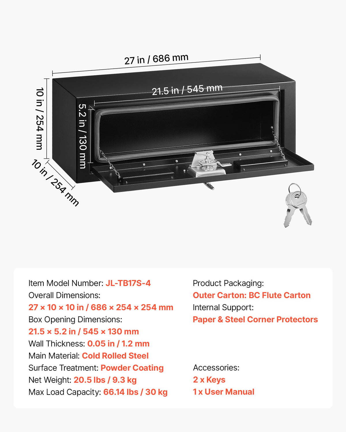 VEVOR Underbody Truck Tool Box, 27 x 10 x 10 Inch Heavy Duty Steel Trailer Storage Box with Lock & Keys, Waterproof Trailer Storage Organizer Under Body Chest with T-Handle for Truck, Van, SUV, Black - CDGJX32710100FWH7001V0 - view 8