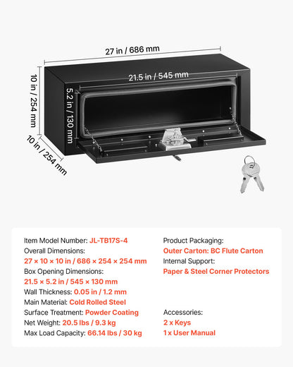 VEVOR Underbody Truck Tool Box, 27 x 10 x 10 Inch Heavy Duty Steel Trailer Storage Box with Lock & Keys, Waterproof Trailer Storage Organizer Under Body Chest with T-Handle for Truck, Van, SUV, Black - CDGJX32710100FWH7001V0 - view 8