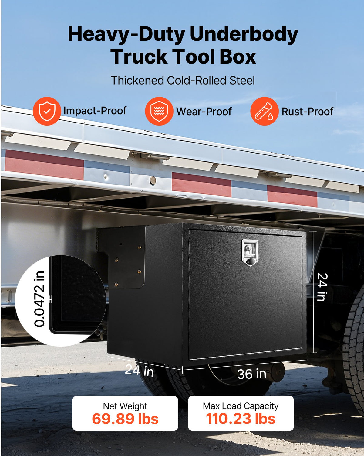 VEVOR Underbody Truck Tool Box, 36 x 24 x 24 Inch Heavy Duty Steel Trailer Storage Box with Lock & Keys, Waterproof Trailer Storage Organizer Under Body Chest with T-Handle for Truck, Van, SUV, Black - CDGJX33624244R6AG001V0 - view 3