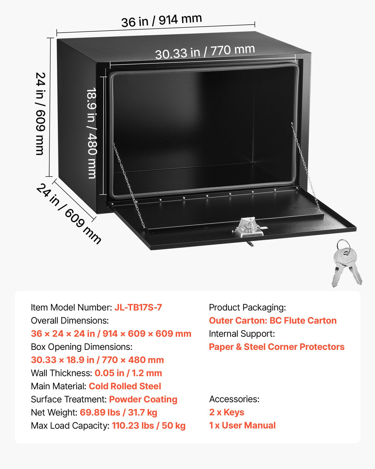 VEVOR Underbody Truck Tool Box, 36 x 24 x 24 Inch Heavy Duty Steel Trailer Storage Box with Lock & Keys, Waterproof Trailer Storage Organizer Under Body Chest with T-Handle for Truck, Van, SUV, Black - CDGJX33624244R6AG001V0 - view 8