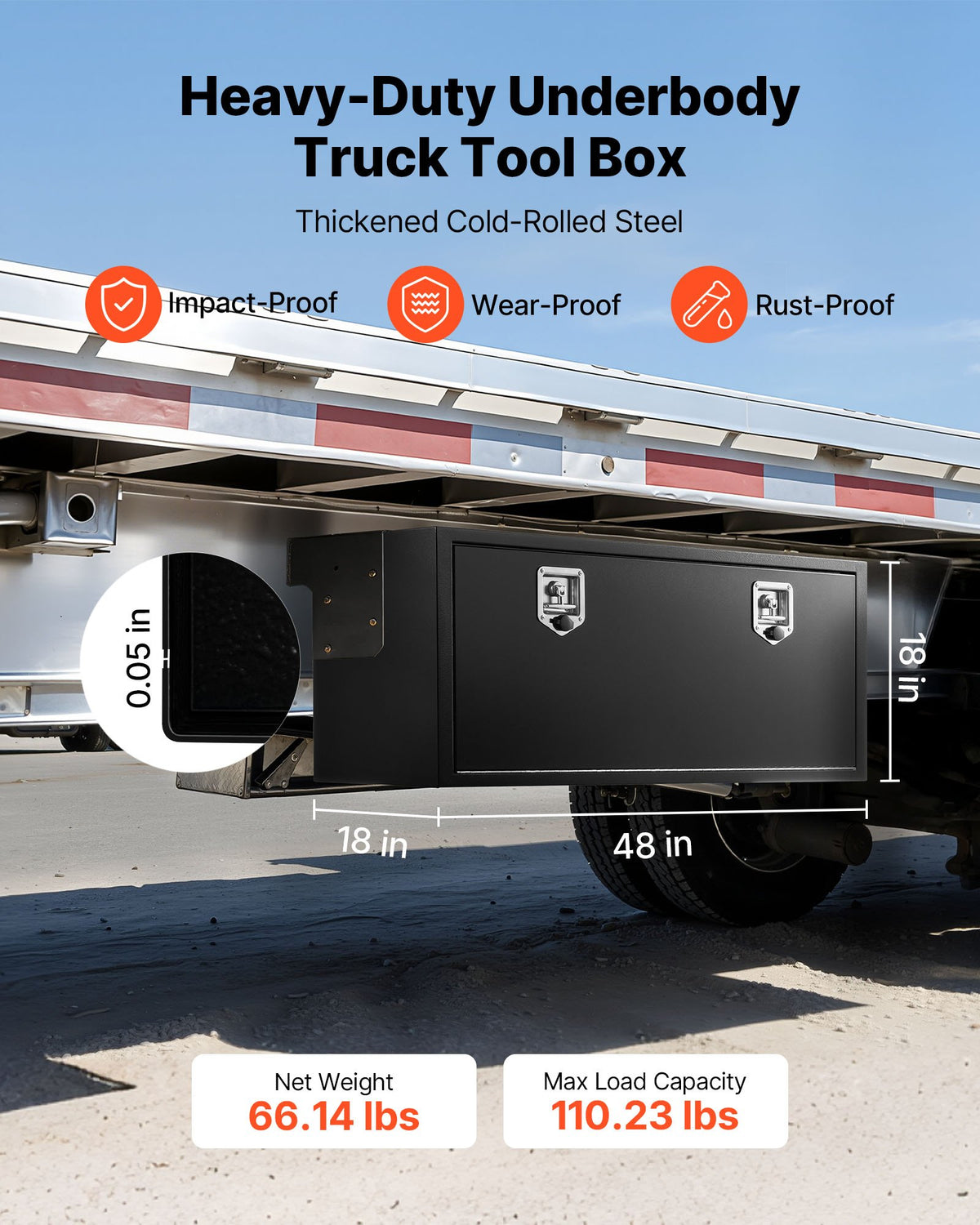 VEVOR Underbody Truck Tool Box, 48 x 18 x 18 Inch Heavy Duty Steel Trailer Storage Box with Lock & Keys, Waterproof Trailer Storage Organizer Under Body Chest with T-Handle for Truck, Van, SUV, Black - CDGJX34818189XD8T001V0 - view 3