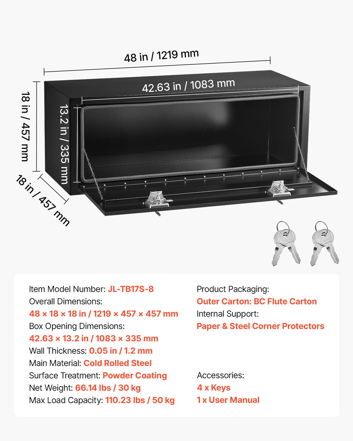 VEVOR Underbody Truck Tool Box, 48 x 18 x 18 Inch Heavy Duty Steel Trailer Storage Box with Lock & Keys, Waterproof Trailer Storage Organizer Under Body Chest with T-Handle for Truck, Van, SUV, Black - CDGJX34818189XD8T001V0 - view 8