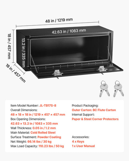 VEVOR Underbody Truck Tool Box, 48 x 18 x 18 Inch Heavy Duty Steel Trailer Storage Box with Lock & Keys, Waterproof Trailer Storage Organizer Under Body Chest with T-Handle for Truck, Van, SUV, Black - CDGJX34818189XD8T001V0 - view 8