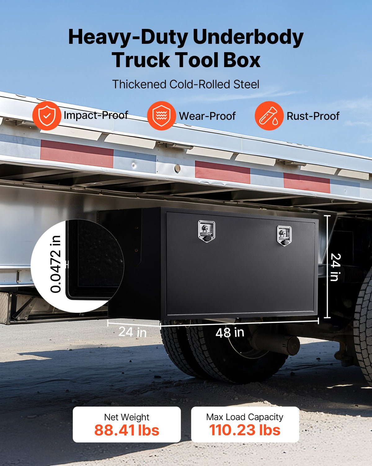 VEVOR Underbody Truck Tool Box, 48 x 24 x 24 Inch Heavy Duty Steel Trailer Storage Box with Lock & Keys, Waterproof Trailer Storage Organizer Under Body Chest with T-Handle for Truck, Van, SUV, Black - CDGJX3482424G0AG7001V0 - view 3