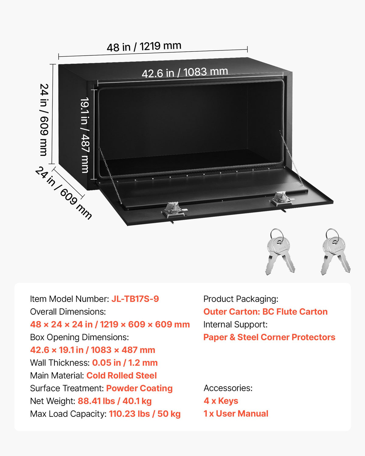 VEVOR Underbody Truck Tool Box, 48 x 24 x 24 Inch Heavy Duty Steel Trailer Storage Box with Lock & Keys, Waterproof Trailer Storage Organizer Under Body Chest with T-Handle for Truck, Van, SUV, Black - CDGJX3482424G0AG7001V0 - view 8