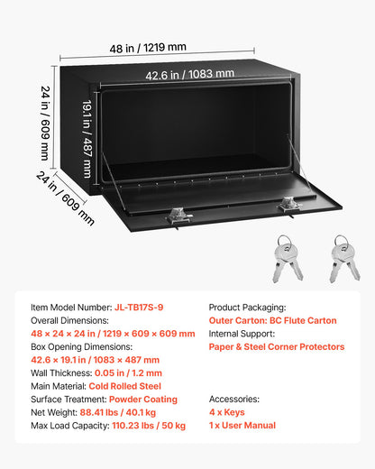 VEVOR Underbody Truck Tool Box, 48 x 24 x 24 Inch Heavy Duty Steel Trailer Storage Box with Lock & Keys, Waterproof Trailer Storage Organizer Under Body Chest with T-Handle for Truck, Van, SUV, Black - CDGJX3482424G0AG7001V0 - view 8