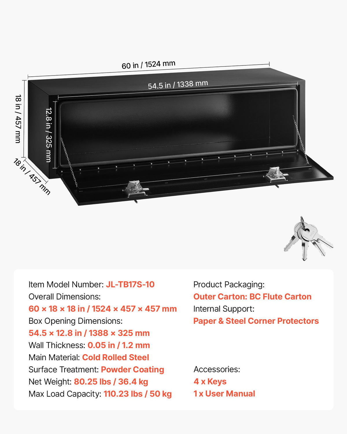 VEVOR Underbody Truck Tool Box, 60 x 18 x 18 Inch Heavy Duty Steel Trailer Storage Box with Lock & Keys, Waterproof Trailer Storage Organizer Under Body Chest with T-Handle for Truck, Van, SUV, Black - CDGJX3601818CPCLZ001V0 - view 8