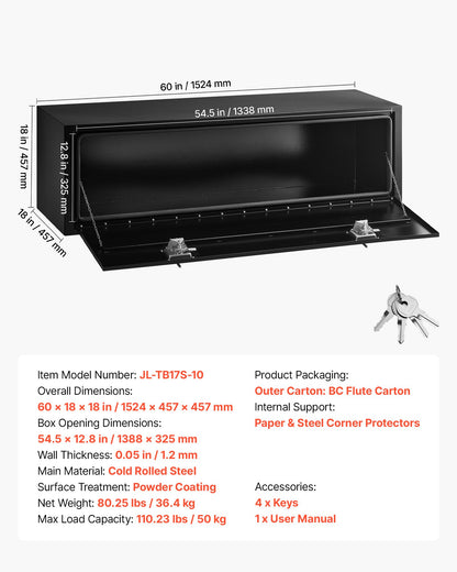 VEVOR Underbody Truck Tool Box, 60 x 18 x 18 Inch Heavy Duty Steel Trailer Storage Box with Lock & Keys, Waterproof Trailer Storage Organizer Under Body Chest with T-Handle for Truck, Van, SUV, Black - CDGJX3601818CPCLZ001V0 - view 8