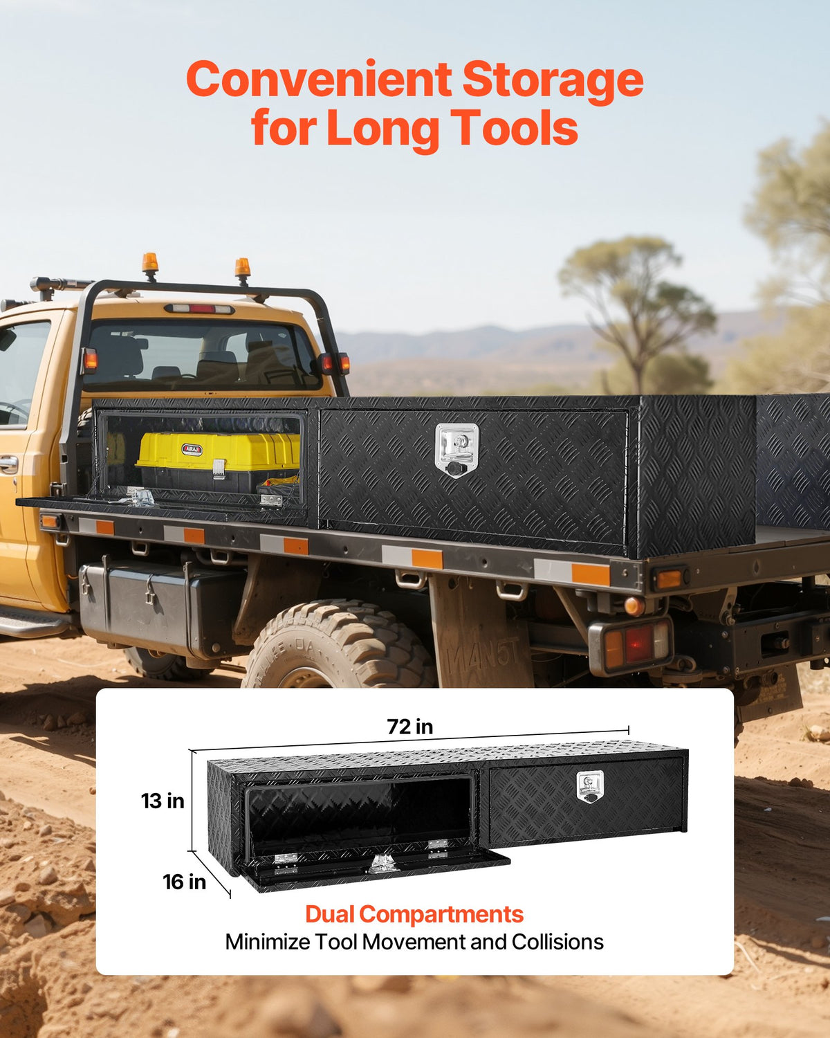 VEVOR Truck Tool Box, 72 x 13 x 16 Inch, Black Aluminum Tread Topsider Toolbox with Dual Drop Doors, Heavy Duty Lockable Storage and Organization Box with Latch, Corrosion-Resistant, for Truck Bed - CDGJXL7213163YTH5001V0 - view 4