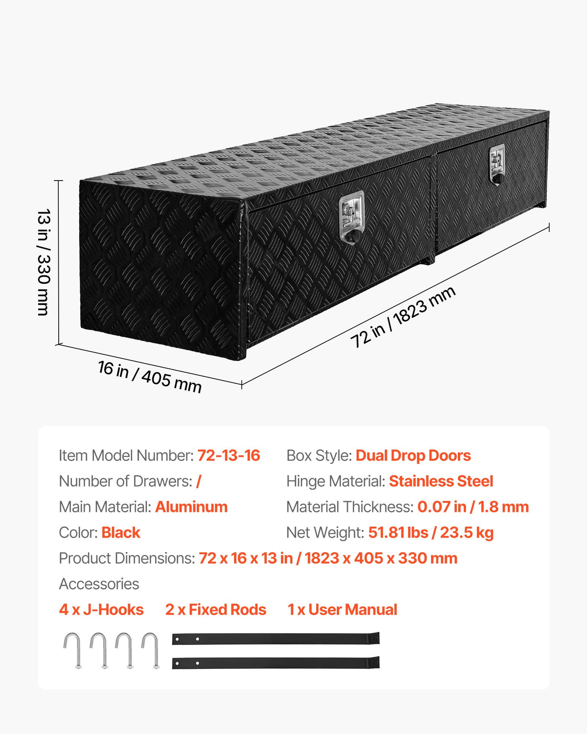VEVOR Truck Tool Box, 72 x 13 x 16 Inch, Black Aluminum Tread Topsider Toolbox with Dual Drop Doors, Heavy Duty Lockable Storage and Organization Box with Latch, Corrosion-Resistant, for Truck Bed - CDGJXL7213163YTH5001V0 - view 8