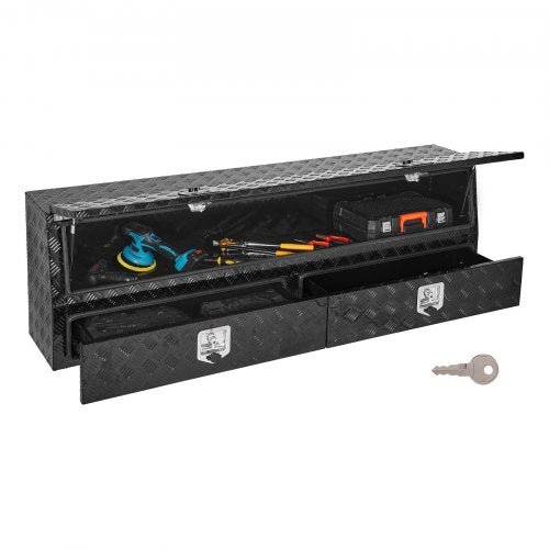 VEVOR Contractor Truck Tool Box, 72 x 21 x 13 in, Black Tread Aluminum TopSider Toolbox with Two Lower Drawers, Flip Up Door, Weather-Resistant Heavy Duty Storage Box with Latch, for Truck Bed Pickup - CDGJXL722113MTFE3001V0 - view 2