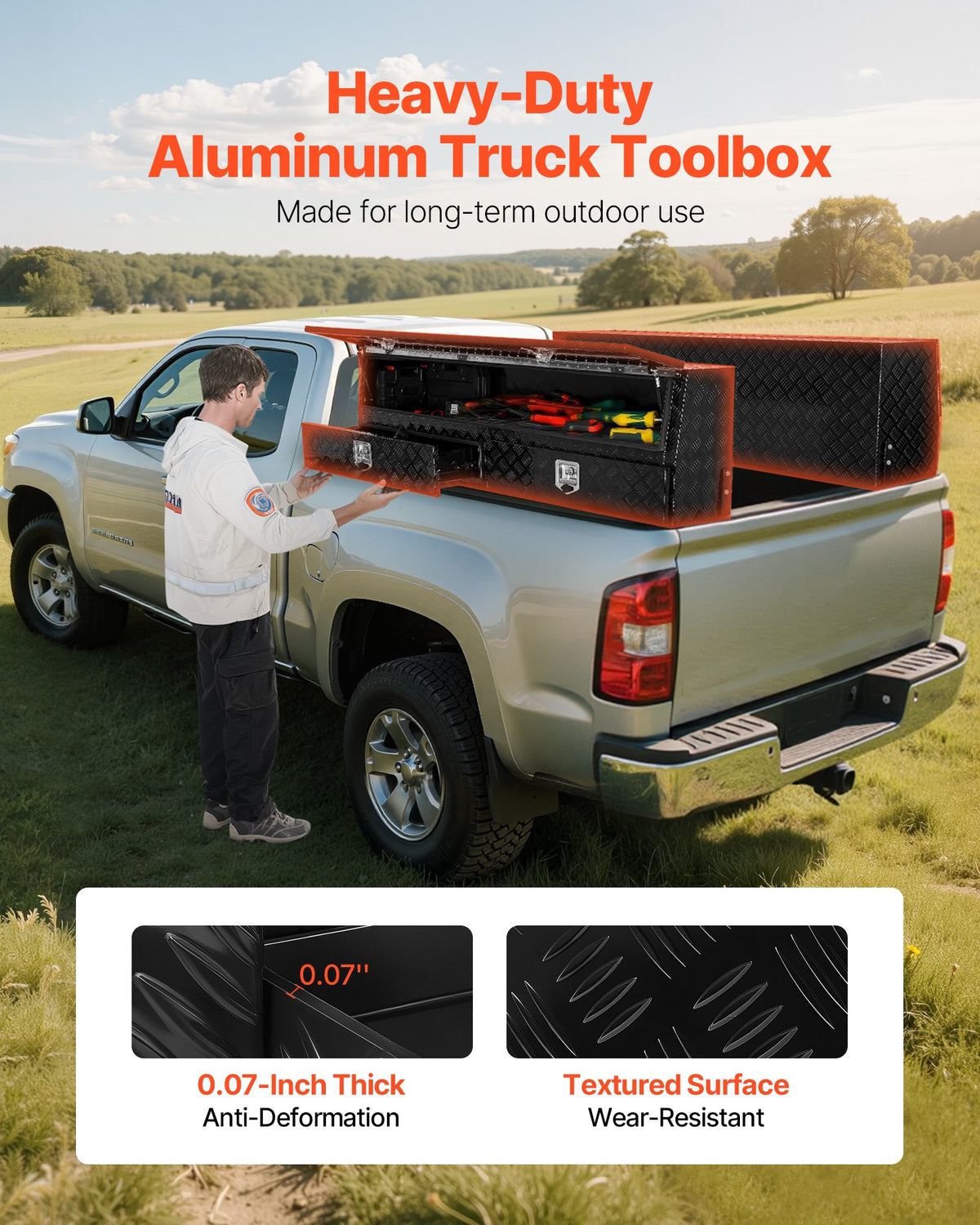 VEVOR Contractor Truck Tool Box, 72 x 21 x 13 in, Black Tread Aluminum TopSider Toolbox with Two Lower Drawers, Flip Up Door, Weather-Resistant Heavy Duty Storage Box with Latch, for Truck Bed Pickup - CDGJXL722113MTFE3001V0 - view 3