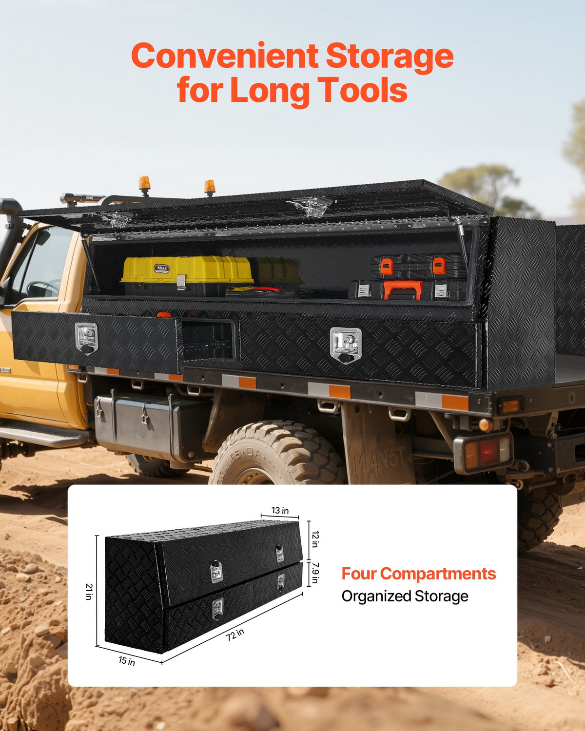 VEVOR Contractor Truck Tool Box, 72 x 21 x 13 in, Black Tread Aluminum TopSider Toolbox with Two Lower Drawers, Flip Up Door, Weather-Resistant Heavy Duty Storage Box with Latch, for Truck Bed Pickup - CDGJXL722113MTFE3001V0 - view 4