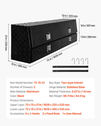 VEVOR Contractor Truck Tool Box, 72 x 21 x 13 in, Black Tread Aluminum TopSider Toolbox with Two Lower Drawers, Flip Up Door, Weather-Resistant Heavy Duty Storage Box with Latch, for Truck Bed Pickup - CDGJXL722113MTFE3001V0 - view 8