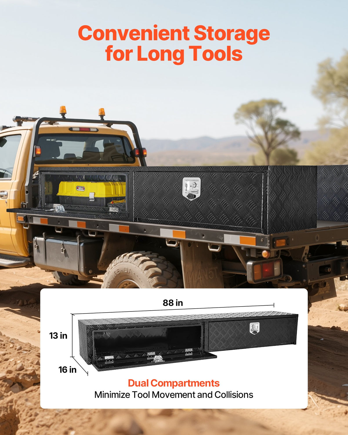 VEVOR Truck Tool Box, 88 x 16 x 13 Inch, Black Aluminum Tread Topsider Toolbox with Dual Drop Doors, Heavy Duty Lockable Storage and Organization Box with Latch, Corrosion-Resistant, for Truck Bed - CDGJXL881316PK4PK001V0 - view 4