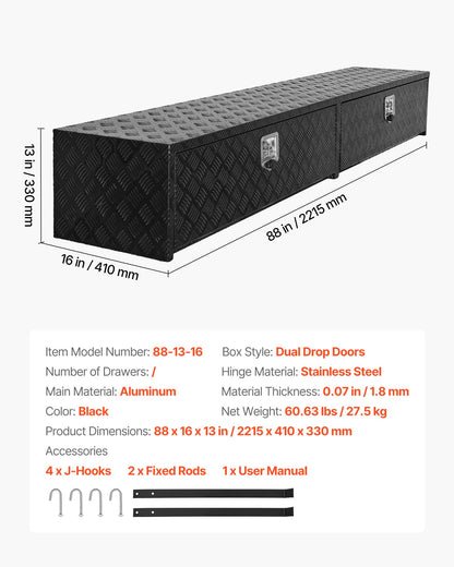 VEVOR Truck Tool Box, 88 x 16 x 13 Inch, Black Aluminum Tread Topsider Toolbox with Dual Drop Doors, Heavy Duty Lockable Storage and Organization Box with Latch, Corrosion-Resistant, for Truck Bed - CDGJXL881316PK4PK001V0 - view 8