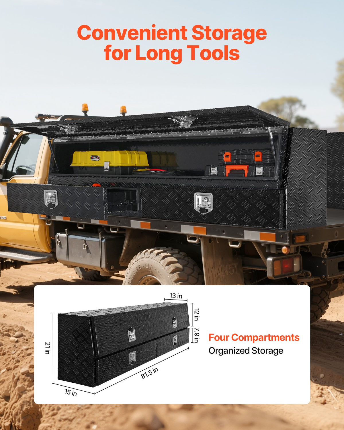 VEVOR Contractor Truck Tool Box, 81.5 x 21 x 13 in, Black Tread Aluminum TopSider Toolbox with Two Lower Drawers, Flip Up Door, Weather-Resistant Heavy Duty Storage Box, with Latch, for Truck Bed - CDGJXL882113GEXQS001V0 - view 4