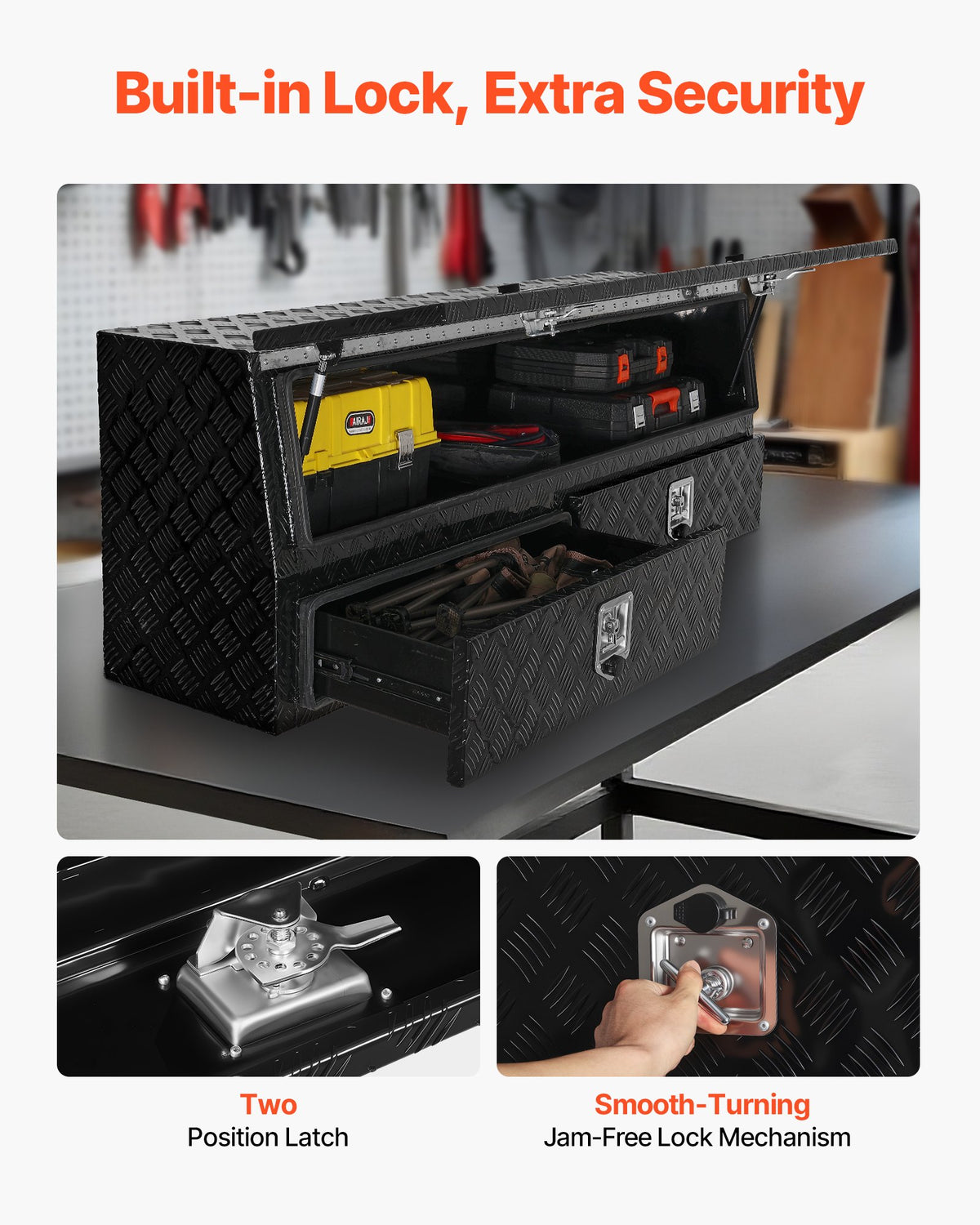 VEVOR Contractor Truck Tool Box, 81.5 x 21 x 13 in, Black Tread Aluminum TopSider Toolbox with Two Lower Drawers, Flip Up Door, Weather-Resistant Heavy Duty Storage Box, with Latch, for Truck Bed - CDGJXL882113GEXQS001V0 - view 6