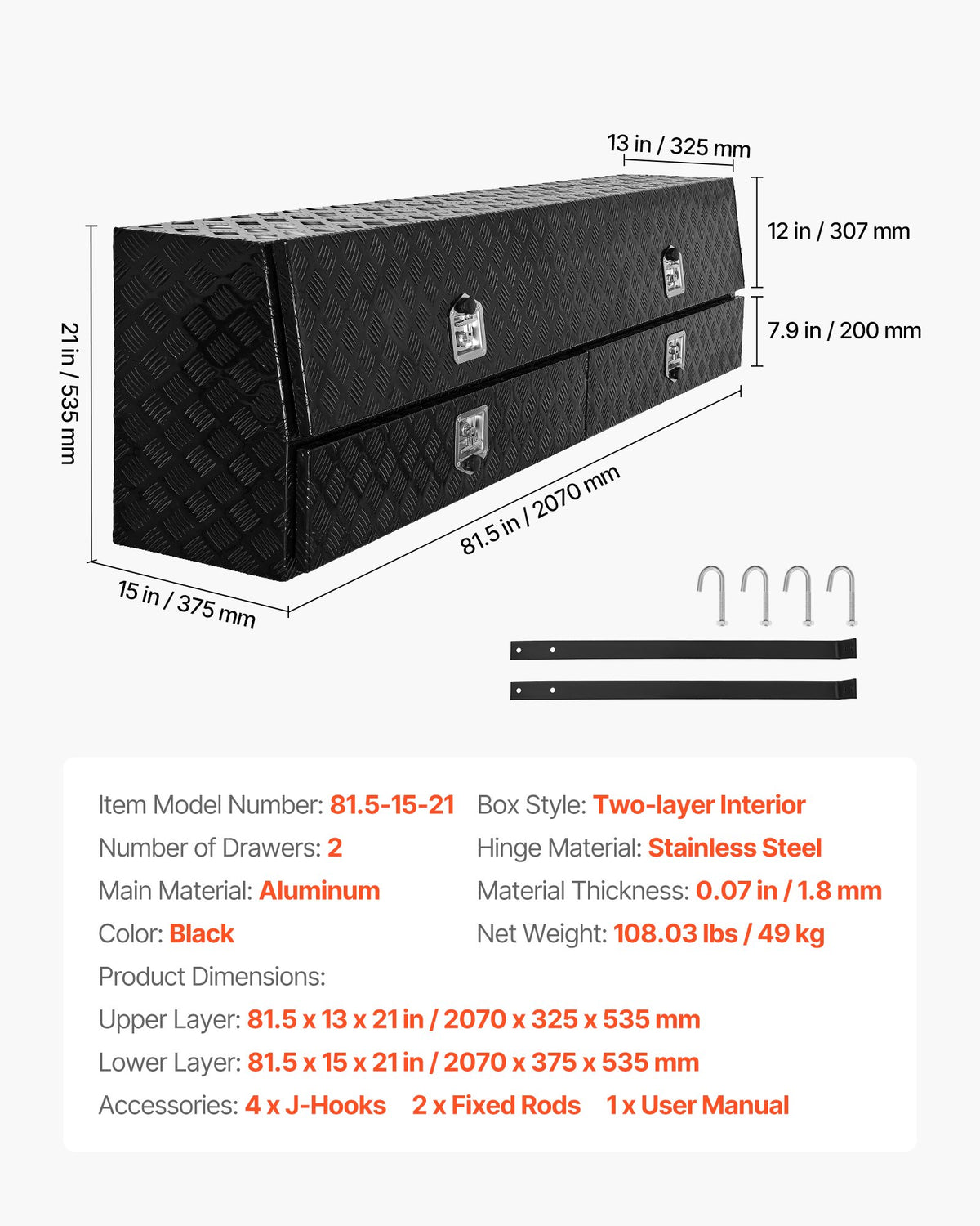 VEVOR Contractor Truck Tool Box, 81.5 x 21 x 13 in, Black Tread Aluminum TopSider Toolbox with Two Lower Drawers, Flip Up Door, Weather-Resistant Heavy Duty Storage Box, with Latch, for Truck Bed - CDGJXL882113GEXQS001V0 - view 8