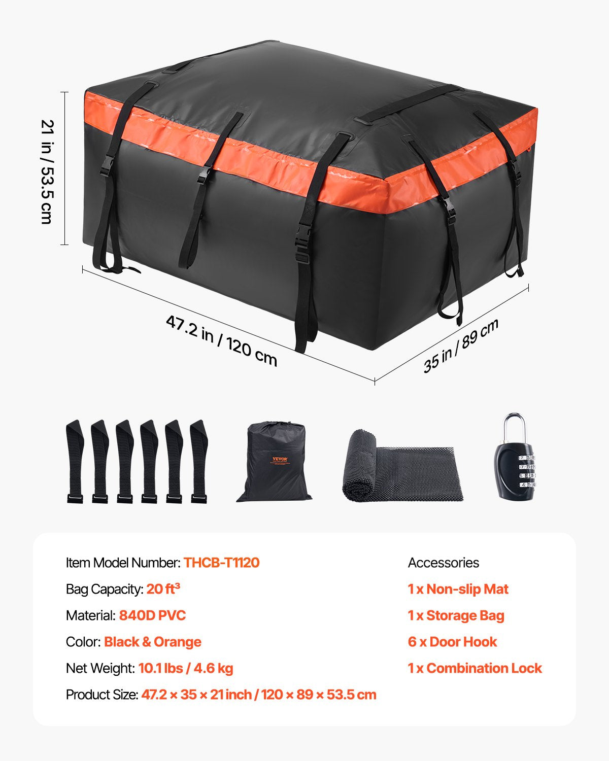 VEVOR Car Rooftop Cargo Carrier Bag, 20 Cubic Feet Roof Cargo Carrier, Heavy Duty 840D PVC 100% Waterproof Car Roof Luggage Bag for All Vehicle with/without Rack- with Lock, Anti-Slip Mat, 6 Door Hook - CDHBJX20LFYCT09VHV0 - view 8