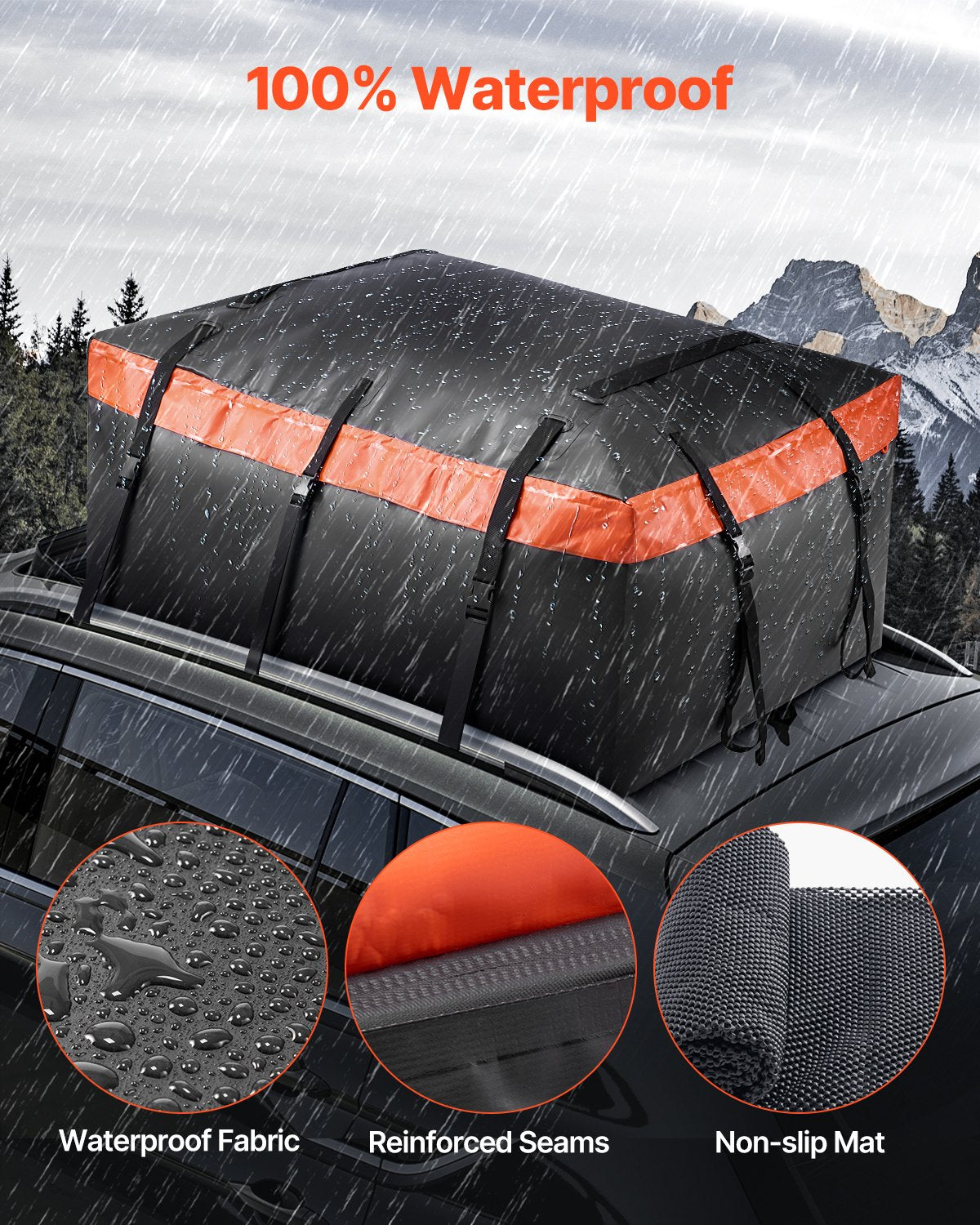 VEVOR Car Rooftop Cargo Carrier Bag, 23 Cubic Feet Roof Cargo Carrier, Heavy Duty 840D PVC 100% Waterproof Car Roof Luggage Bag for All Vehicle with/without Rack- with Lock, Anti-Slip Mat, 6 Door Hook - CDHBJX23CUFTPIS1VV0 - view 3