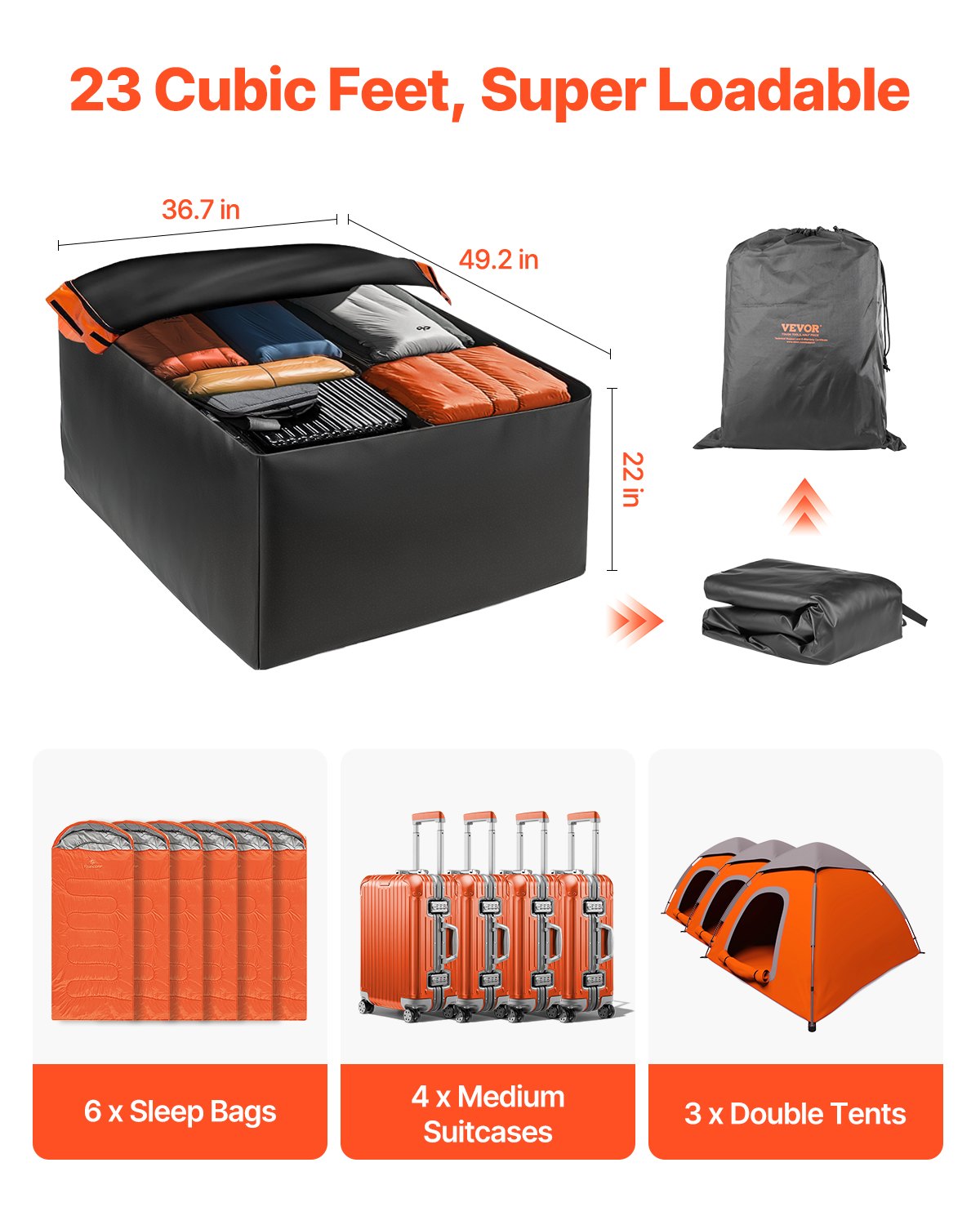 VEVOR Car Rooftop Cargo Carrier Bag, 23 Cubic Feet Roof Cargo Carrier, Heavy Duty 840D PVC 100% Waterproof Car Roof Luggage Bag for All Vehicle with/without Rack- with Lock, Anti-Slip Mat, 6 Door Hook - CDHBJX23CUFTPIS1VV0 - view 4