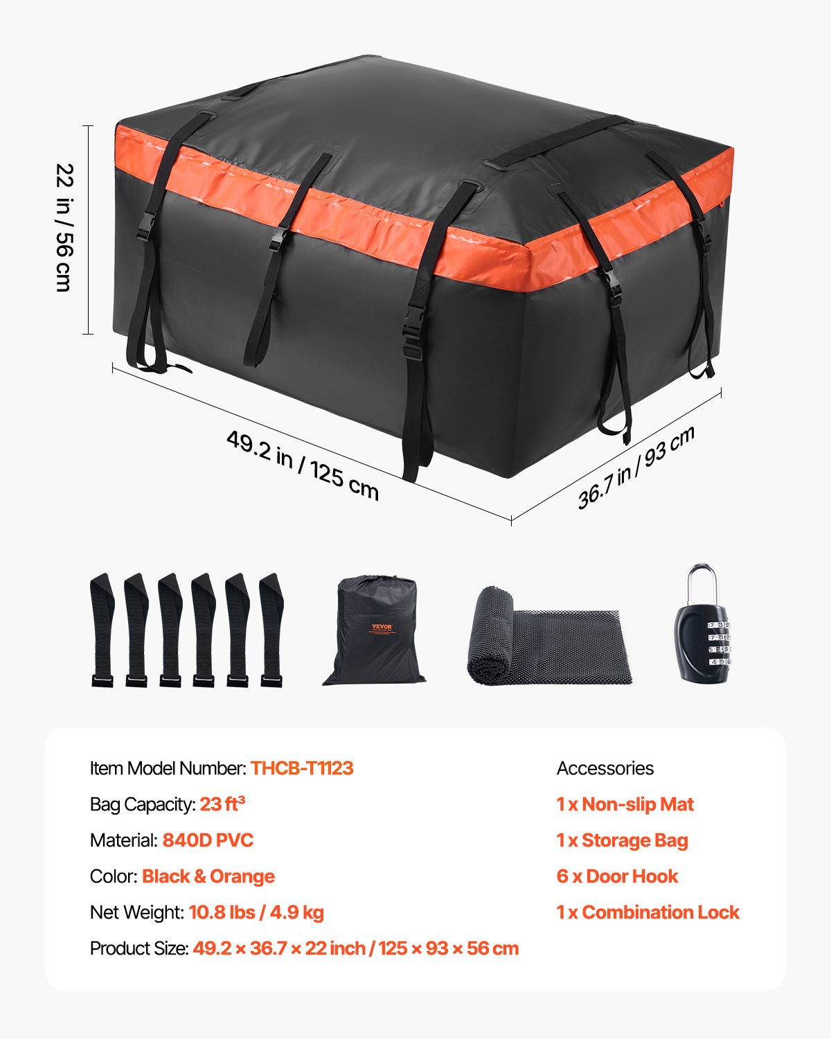 VEVOR Car Rooftop Cargo Carrier Bag, 23 Cubic Feet Roof Cargo Carrier, Heavy Duty 840D PVC 100% Waterproof Car Roof Luggage Bag for All Vehicle with/without Rack- with Lock, Anti-Slip Mat, 6 Door Hook - CDHBJX23CUFTPIS1VV0 - view 8