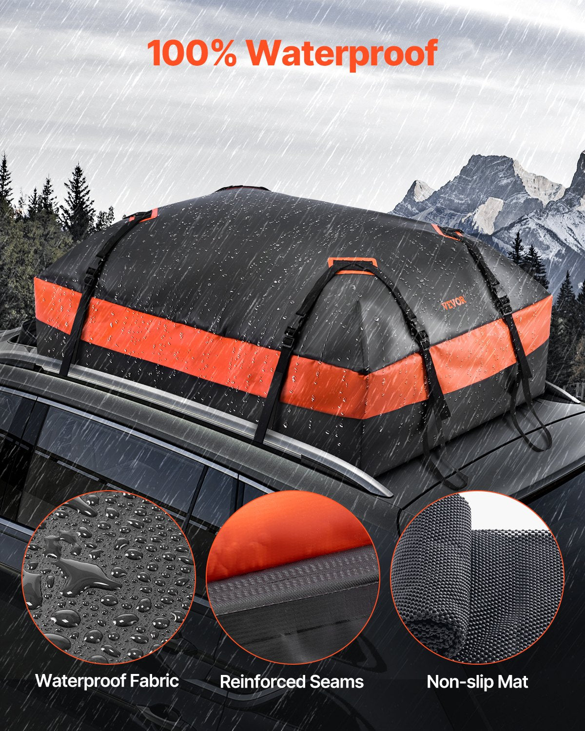 VEVOR Car Rooftop Cargo Carrier Bag, 15 Cubic Feet Car Roof Cargo Carrier, 100% Waterproof Heavy Duty 840D PVC Roof Luggage Bag for All Vehicle with/without Rack- with Lock, Non-Slip Mat, 4 Door Hooks - CDHBTX15CUFT8EPBDV0 - view 3