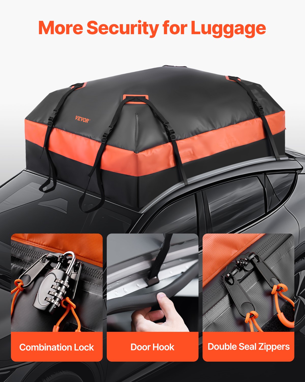 VEVOR Car Rooftop Cargo Carrier Bag, 15 Cubic Feet Car Roof Cargo Carrier, 100% Waterproof Heavy Duty 840D PVC Roof Luggage Bag for All Vehicle with/without Rack- with Lock, Non-Slip Mat, 4 Door Hooks - CDHBTX15CUFT8EPBDV0 - view 7