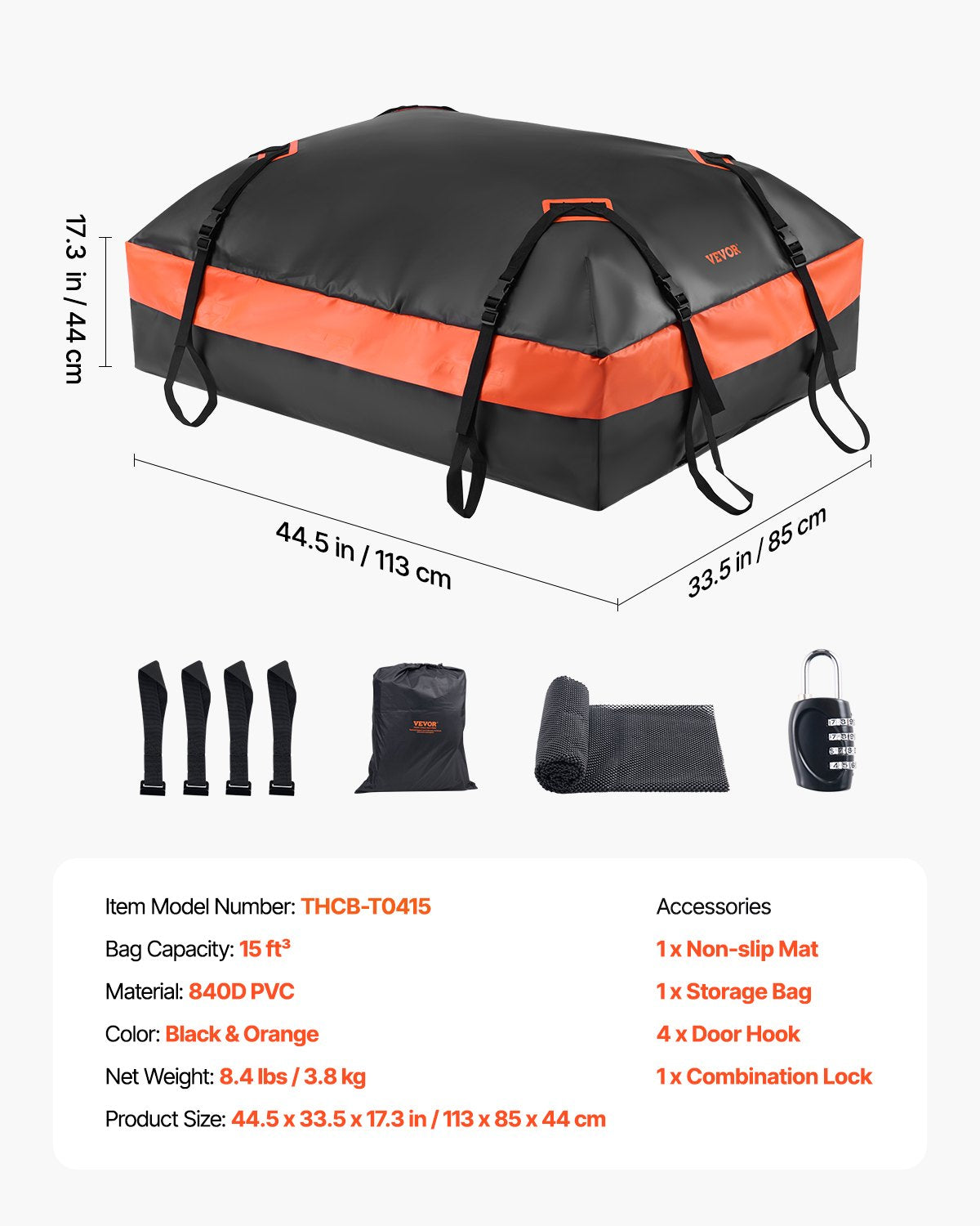 VEVOR Car Rooftop Cargo Carrier Bag, 15 Cubic Feet Car Roof Cargo Carrier, 100% Waterproof Heavy Duty 840D PVC Roof Luggage Bag for All Vehicle with/without Rack- with Lock, Non-Slip Mat, 4 Door Hooks - CDHBTX15CUFT8EPBDV0 - view 8