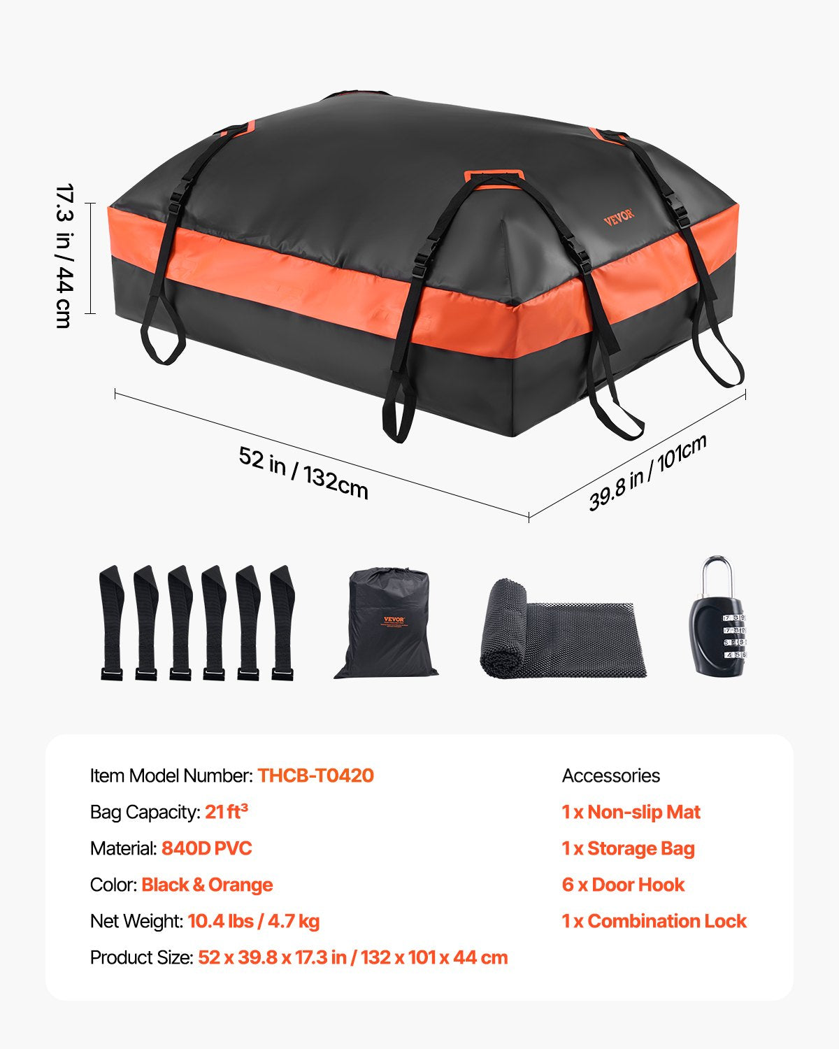 VEVOR Car Rooftop Cargo Carrier Bag, 21 Cubic Feet Car Roof Cargo Carrier, 100% Waterproof Heavy Duty 840D PVC Roof Luggage Bag for All Vehicle with/without Rack- with Lock, Non-Slip Mat, 6 Door Hooks - CDHBTX20LFYCKB502V0 - view 8