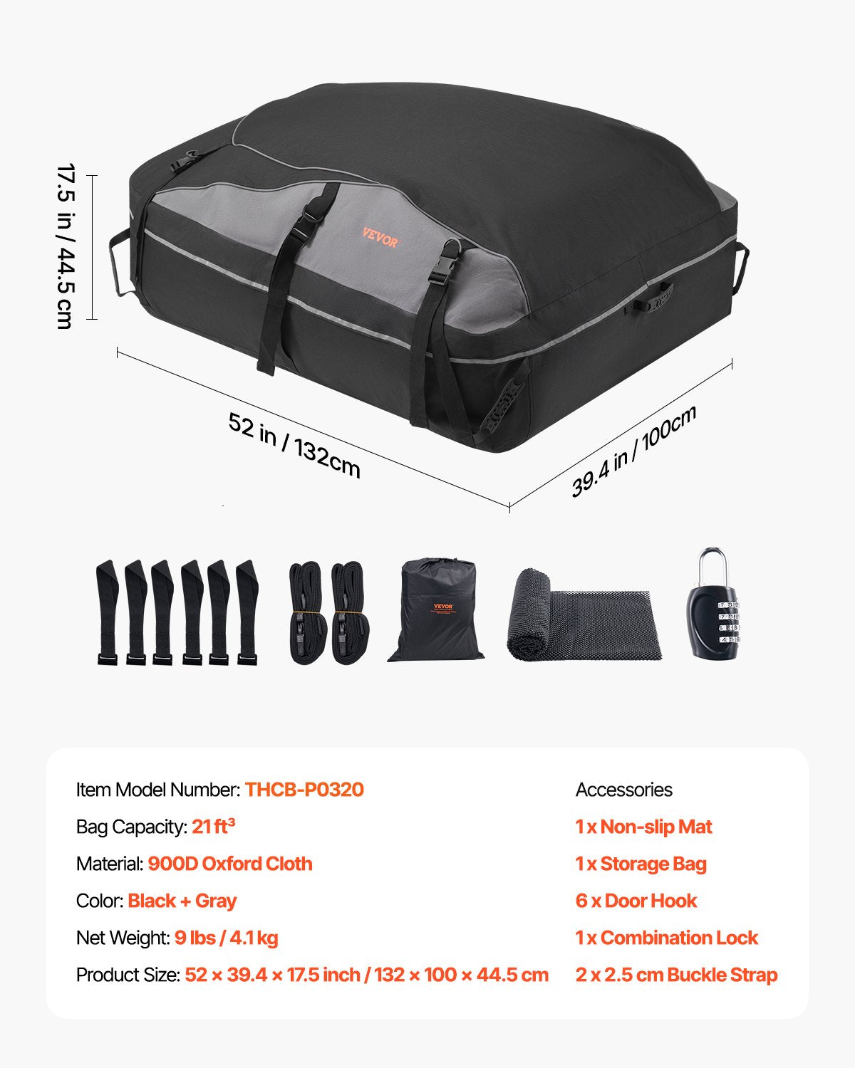 VEVOR Car Rooftop Cargo Carrier Bag, 21 Cubic Feet Cargo Carrier for Car Roof, 100% Waterproof 900D Oxford Cloth Roof Luggage Bag for All Vehicle with/without Rack- with Lock, Non-Slip Mat, Door Hooks - CDHBXM20LFYCV5QCOV0 - view 8