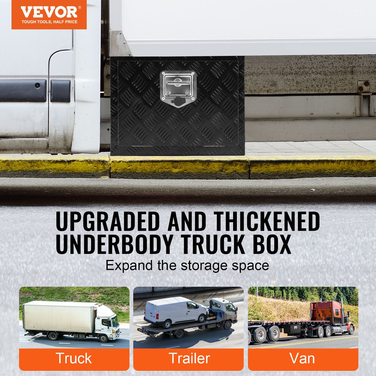 VEVOR Underbody Truck Box, 18" x 12" x 14" Pickup Storage Box, Heavy Duty Aluminum Diamond Plate Tool Box with Lock and Keys, Waterproof Trailer Storage Box with T-Handle Latch for Truck, Van, Trailer - CDKCGJX218120ZEXAV0 - view 3
