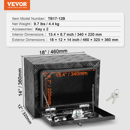 VEVOR Underbody Truck Box, 18" x 12" x 14" Pickup Storage Box, Heavy Duty Aluminum Diamond Plate Tool Box with Lock and Keys, Waterproof Trailer Storage Box with T-Handle Latch for Truck, Van, Trailer - CDKCGJX218120ZEXAV0 - view 8