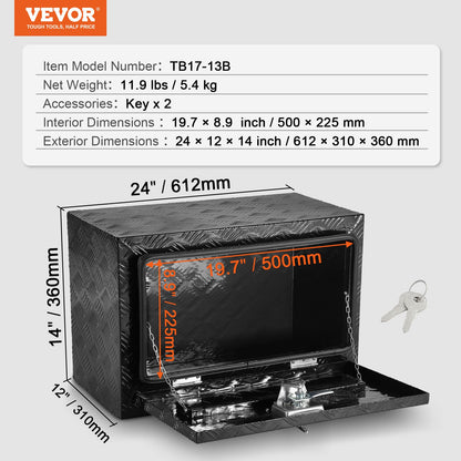 VEVOR Underbody Truck Box, 24" x 12" x 14" Pickup Storage Box, Heavy Duty Aluminum Diamond Plate Tool Box with Lock and Keys, Waterproof Trailer Storage Box with T-Handle Latch for Truck, Van, Trailer - CDKCGJX22412EUJFXV0 - view 8