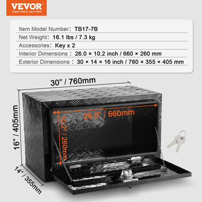 VEVOR Underbody Truck Box, 30" x 14" x 16" Pickup Storage Box, Heavy Duty Aluminum Diamond Plate Tool Box with Lock and Keys, Waterproof Trailer Storage Box with T-Handle Latch for Truck, Van, Trailer - CDKCGJX23014H8XL3V0 - view 8