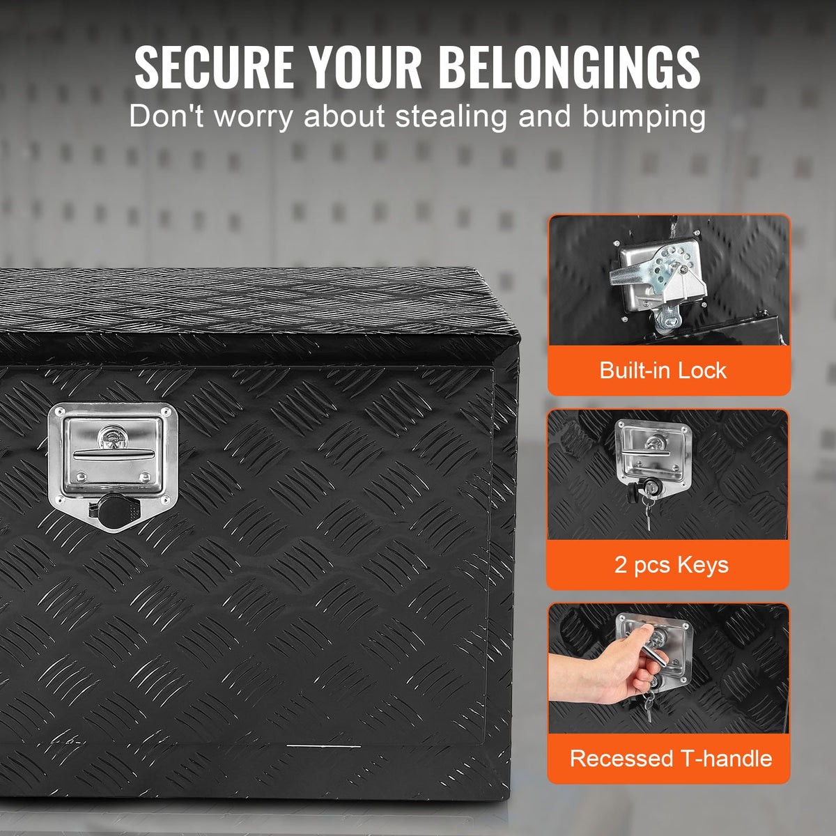 VEVOR Underbody Truck Box, 30" x 17" x 18" Pickup Storage Box, Heavy Duty Aluminum Diamond Plate Tool Box with Lock and Keys, Waterproof Trailer Storage Box with T-Handle Latch for Truck, Van, Trailer - CDKCGJX23017UOUSBV0 - view 7